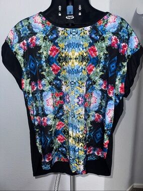 Nicole by Nicole Miller Black Multi Floral Kaleidoscope Top